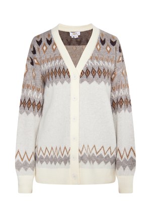 Krémový kardigán s geometrickými vzormi v hnedej a šedej farbe. Má V-výstrih, zapínanie na gombíky a rebrované manžety pre textúru.