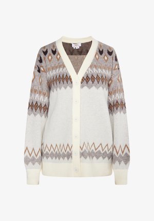 Cárdigan crema con patrones geométricos en marrón y gris. Presenta un escote en V, cierre de botones y puños acanalados para añadir textura.