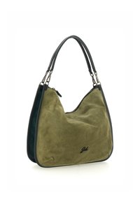 Borsa a mano in camoscio verde oliva con finitura liscia, forma arrotondata e dettagli in pelle verde scuro. Presenta due manici e una chiusura con zip.