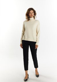 Cream turtleneck sweater, soft fabric, long sleeves, paired with black slim-fit pants and black pointed heels. Simple and modern design.