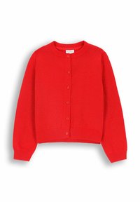 Czerwony krótki kardigan z miękkiej dzianiny, z okrągłym dekoltem, z przodem zapinanym na guziki oraz prążkowanymi mankietami i dolnym brzegiem.