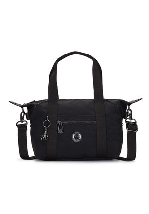 Schwarze Nylon-Tasche mit doppelt genähten Griffen, verstellbarem Tragegurt, vorderer Reißverschlusstasche, Logo-Patch und metalischen Akzenten. Kompaktes Design, das sich für den täglichen Gebrauch eignet.
