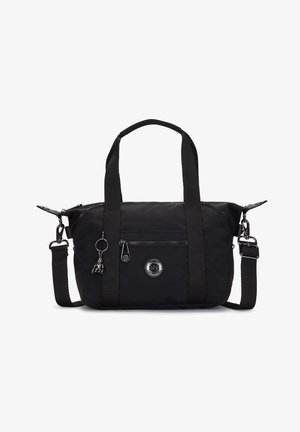 Black nylon bag with dual handles, adjustable strap, front zipper pocket, logo patch, and metal accents. Compact design suitable for daily use.
