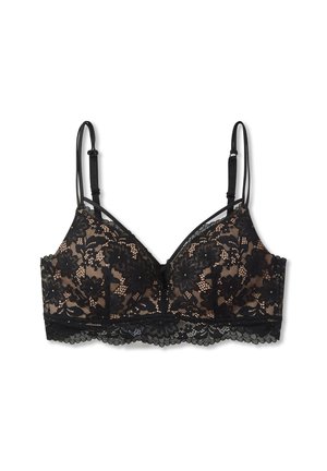 Reggiseno in pizzo nero con motivi floreali, spalline sottili regolabili e bordo in pizzo ondulato lungo il margine inferiore.
