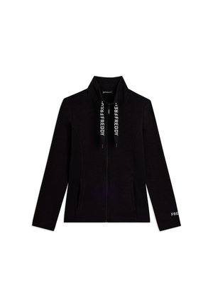 Chaqueta negra con cremallera y cuello alto, con "FREDDY" impreso en los cordones y la manga, dos bolsillos delanteros, mangas largas.