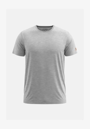 Grijze T-shirt met korte mouwen en een ronde halslijn, gemaakt van een gemêleerde stof, met een klein logo op de binnenste kraag en een label op de mouw.