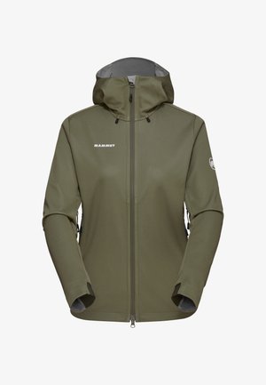 Olijfgroen softshelljack met een rits aan de voorkant, verstelbare capuchon en logo-opdruk. Voorzien van ritszakken aan de zijkanten en een slank ontwerp.