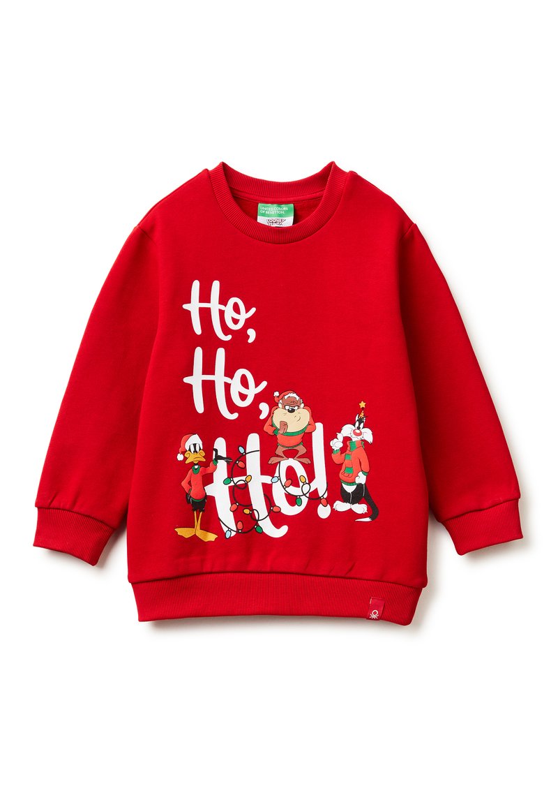 Felpa rossa per bambini con la scritta "Ho, Ho, Ho!", con i personaggi dei cartoni animati Titti, Diavolo della Tasmania e Silvestro vestiti con abiti natalizi.