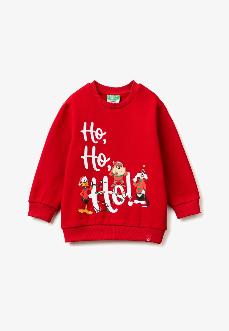 Felpa rossa per bambini con la scritta "Ho, Ho, Ho!", con i personaggi dei cartoni animati Titti, Diavolo della Tasmania e Silvestro vestiti con abiti natalizi.