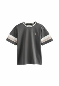 T-shirt grigio a maniche corte con accenti a strisce orizzontali in bianco, beige e nero. Presenta un colletto girocollo e un piccolo logo sul petto.