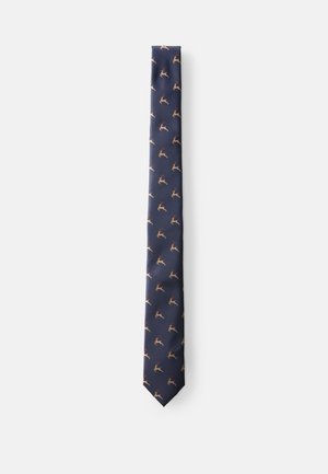 Navy tie featuring a repeated pattern of small deer silhouettes in a gold shade, made of smooth fabric with a narrow design.