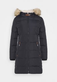 Svart vadderad puffjacka med fuskpäls på huvan, dragkedja, sidofickor, ribbade ärmslut och bruna detaljer vid fickorna.