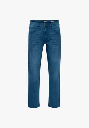 Jeans di denim blu scuro con design a gamba dritta, cinque tasche e chiusura frontale con bottoni. Presentano una sottile trama e dettagli sbiaditi.