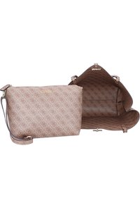 Sac à épaule à motifs bruns avec un logo doré. Intérieur avec doublure en tissu et fermeture magnétique. Bandoulière réglable pour plus de polyvalence.