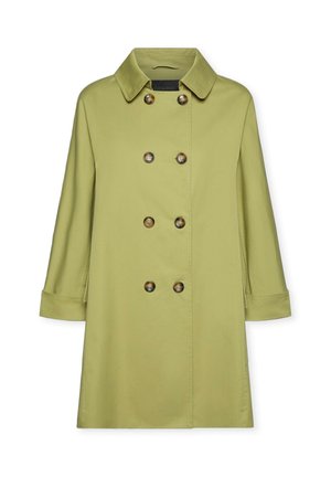 Lichtgroene knielange jas met dubbele rij knopen, brede kraag en driekwart mouwen.