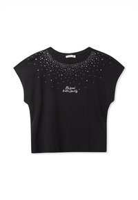 Maglietta nera cropped realizzata in cotone. Presenta un motivo a pois di decorazioni argentate e testo bianco che recita "Rimani concentrato e extra scintillante."