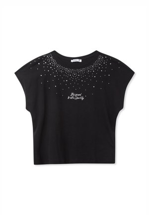 Maglietta nera cropped realizzata in cotone. Presenta un motivo a pois di decorazioni argentate e testo bianco che recita "Rimani concentrato e extra scintillante."