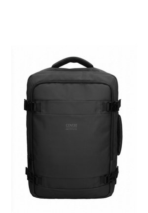 Sac à dos rectangulaire noir avec poignée supérieure, sangles latérales réglables, poche avant zippée et logo "Coveri active" sur le panneau avant.