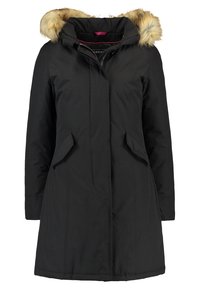 Sort parka jakke med aftagelig hætte i imiteret pels, lynlås, to frontlommer og glat stoftekstur.