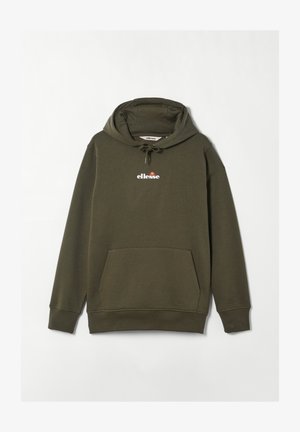 Sudadera con capucha de color verde oliva, con bolsillo frontal y logo blanco de "ellesse" centrado en el pecho.