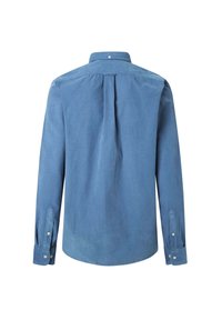 Blauwe corduroy shirt met een rugplooi, lange mouwen, knoopmanchetten en een puntige kraag. Invloedrijke textuur met een verticale ribbelpatroon.