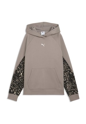 Jasnobrązowa bluza z kapturem z kieszenią z przodu, białym logo Puma na piersi i wzorem w panterkę na dolnych rękawach i pod pachami.