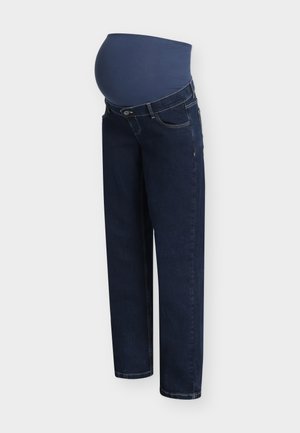 Donkerblauwe zwangerschapsjeans met een rekbare marineblauwe stoffen inzet die ontworpen is om een zwangere buik te ondersteunen.