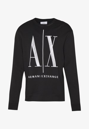 Zwarte sweatshirt van katoen, met een wit logo met "AX" en "ARMANI EXCHANGE." Ronde hals, lange mouwen en ribgebreide manchetten.