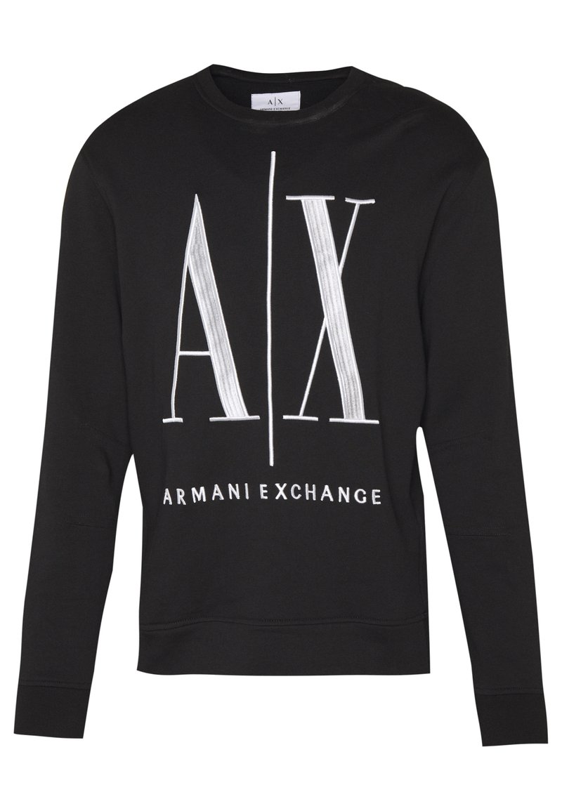 Sort sweatshirt lavet af bomuld, med et hvidt logo med "AX" og "ARMANI EXCHANGE." Rund hals, lange ærmer og ribbede manchetter.