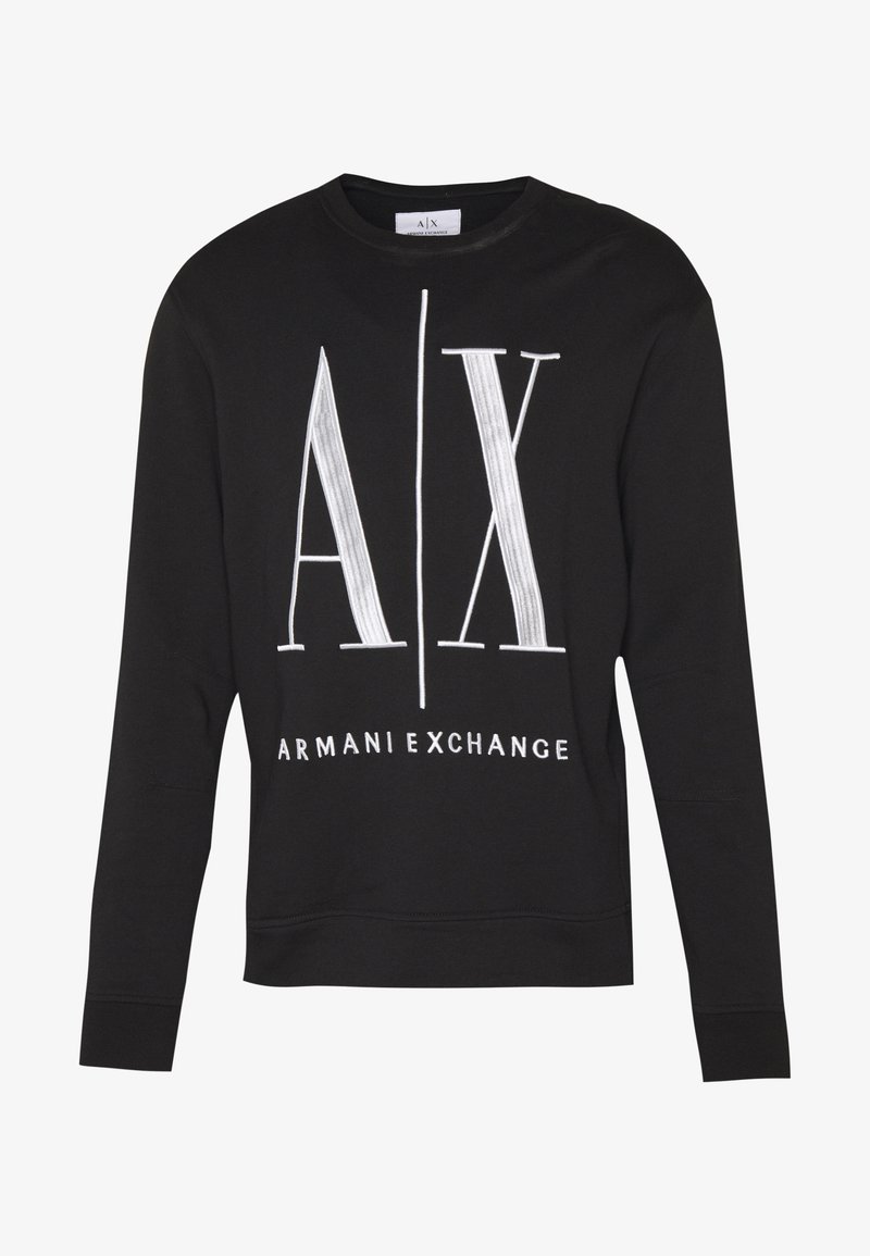 Melns kokvilnas sweatshirt, ar baltu logo, kurā ir "AX" un "ARMANI EXCHANGE". Apaļš kakls, garas piedurknes un ribotas aproces.