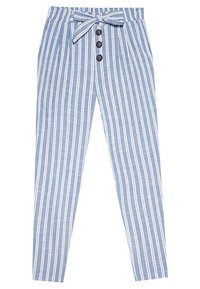Striped blue and white trousers with a belted waist, featuring a button front closure and a tapered leg design. Cotton fabric texture.