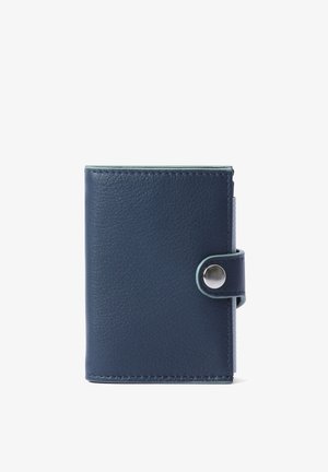 Navy blue leather wallet with a textured surface, rectangular shape, snap button closure, and contrasting light blue stitching along the edges.