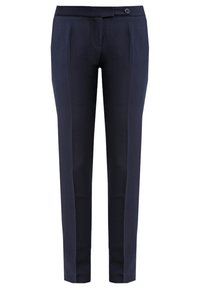 Pantalon habillé bleu marine avec fermeture à bouton sur le devant et plis marqués sur chaque jambe.