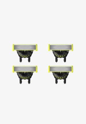 Vier schwarze Pflegewerkzeuge mit gelben Akzenten und Netzkamms oben, entworfen für präzises Trimmen. Merkmale eine abgerundete Basis mit Maßmarkierungen.