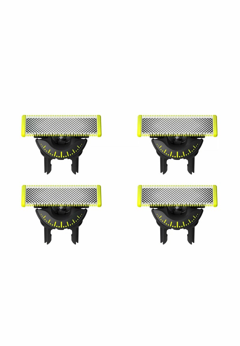 Quattro strumenti per la toelettatura neri con accenti gialli e pettini in rete sulla parte superiore, progettati per un taglio preciso. Presentano una base arrotondata con segni di misurazione.