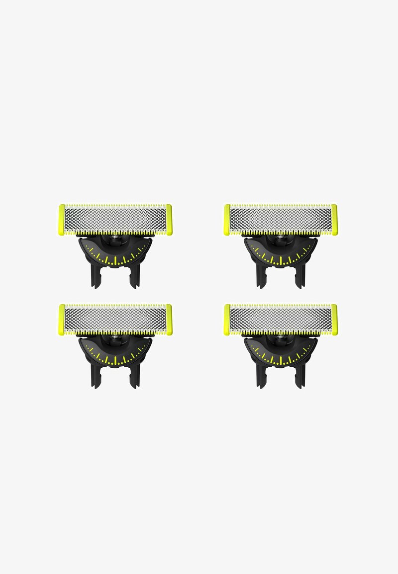 Vier zwarte verzorgingshulpmiddelen met gele accenten en gaasborstels bovenop, ontworpen voor nauwkeurig trimmen. Beschikt over een afgeronde basis met meetmarkeringen.