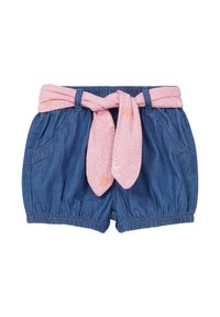 Denim shortjes met een elastische tailleband, voorzien van twee zijzakken en een verwijderbare roze stoffen ceintuur met een stippenpatroon.