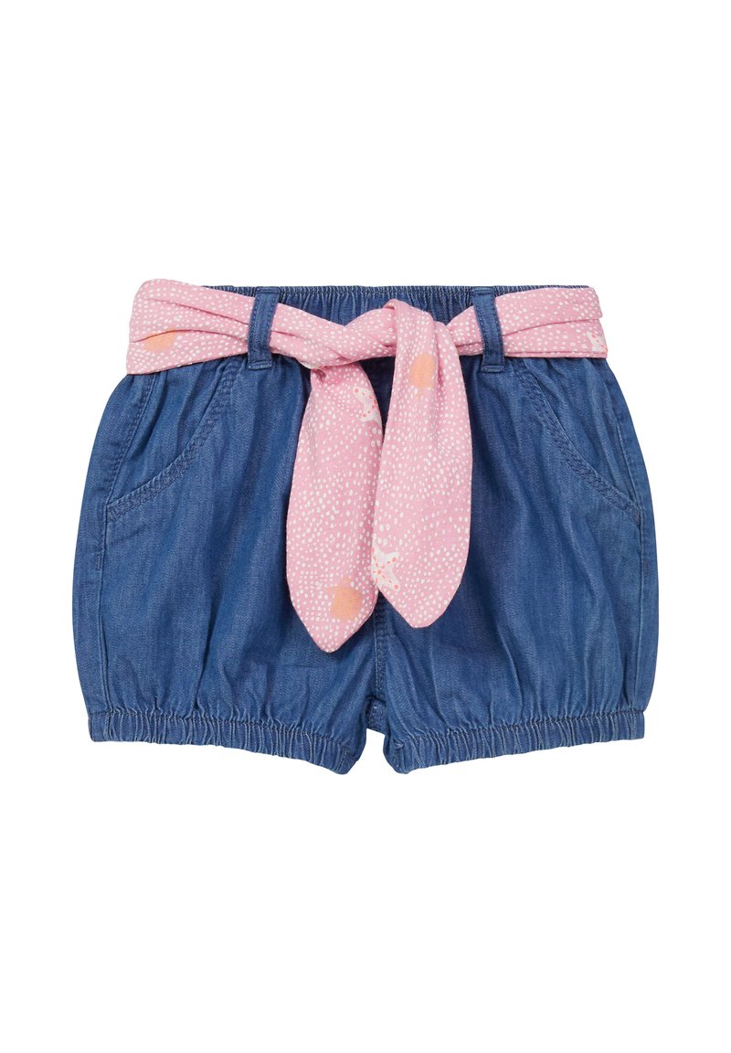 Denim shortjes met een elastische tailleband, voorzien van twee zijzakken en een verwijderbare roze stoffen ceintuur met een stippenpatroon.