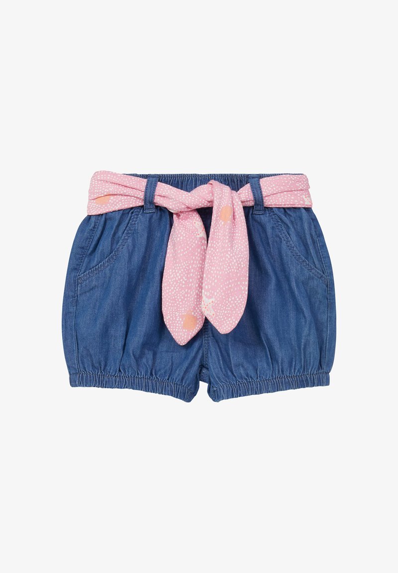 Shorts en denim avec une taille élastique, dotés de deux poches latérales et d'une ceinture en tissu rose amovible avec un motif à pois.