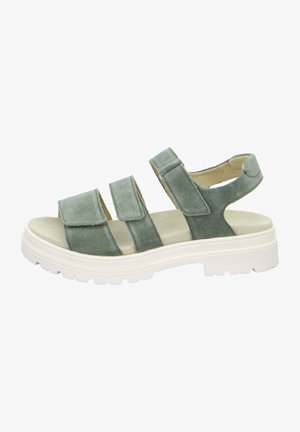 Zielone zamszowe sandały z trzema regulowanymi paskami, wyściełaną wkładką i białą gumową podeszwą z teksturowanym wzorem.