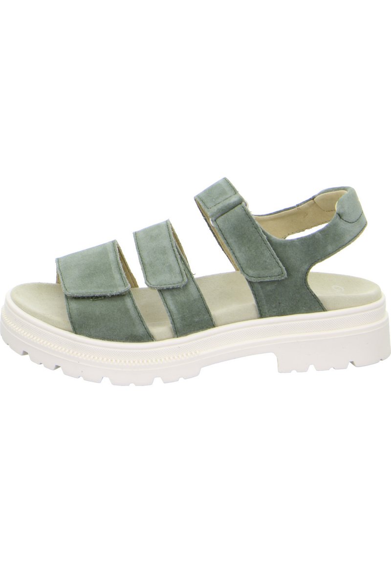 Zelené semišové sandály se třemi nastavitelnými pásky, polstrovanou stélkou a bílou gumovou podrážkou s texturovaným vzorem.