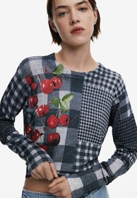 Pikkade varrukatega kampsun, millel on halli ja musta värvi lapitöödisain ning kirsikujundus. Tekstureeritud kangas kontrastsete ruuduliste mustritega.