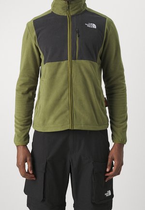 Homme portant une veste polaire zippée vert olive et noir et un short cargo noir, tous deux avec le logo The North Face sur la poitrine et la poche de la jambe.