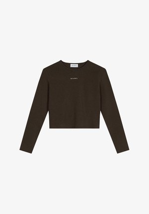 Dunkelbraunes, kurz geschnittenes Langarmshirt aus weicher Baumwolle. Verfügt über einen Rundhalsausschnitt und ein kleines weißes "OH APRIL"-Logo auf der Vorderseite.