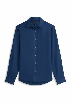 Camicia blu navy a maniche lunghe con bottoni, collo e polsini, mostrata distesa su uno sfondo bianco.