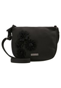 Schwarz Kreuzbodytasche mit floralen Verzierungen, glattem Material, verstellbarem Riemen, rechteckiger Form und Logodetail auf der Vorderseite.