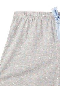 Pantaloni corti di cotone grigi con elastico in vita, caratterizzati da piccoli pois in rosa, blu e bianco. Un accento a forma di fiocco azzurro chiaro in vita.