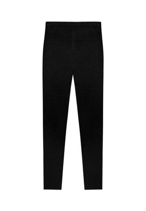 Schwarze Leggings aus einem weichen, dehnbaren Stoff. Sie haben einen hoch geschnittenen Bund und ein nahtloses Design mit einer schmalen, taillierten Passform.