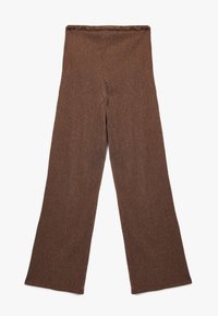 Brune, ribbede, vide bukser med høj talje, der har et tekstureret stof og en lige silhuet. Ingen synlige lukninger eller dekorativer.