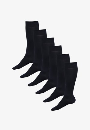 Calzini neri di cotone, sei paia, lunghezza fino al ginocchio, texture liscia, polsino elastico, punta rinforzata, design semplice senza motivi.